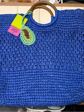 Tabitha Blue Crochet Tote with Wood Handles and Green Accent